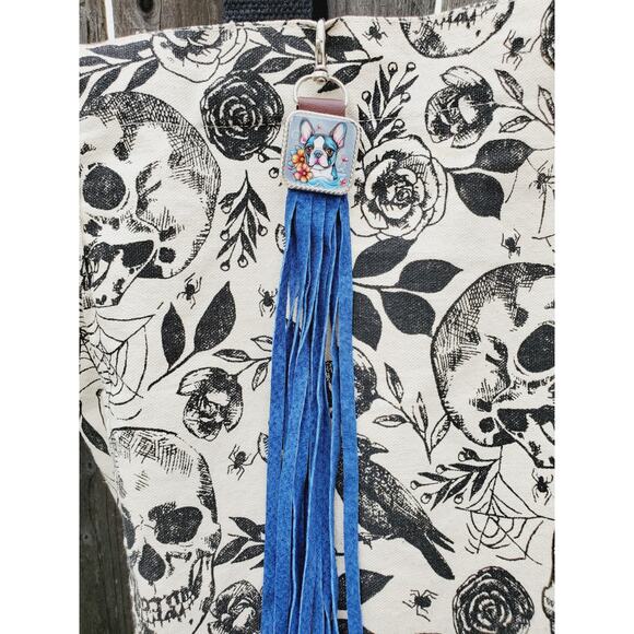 Handmade boho Boston terrier Gift Leather Fringe Western bag charm keychain - Picture 2 of 4